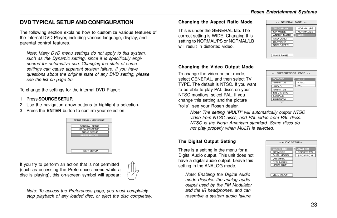 Rosen Entertainment Systems A10 DVD Typical Setup and Configuration, Changing the Aspect Ratio Mode, Press Source Setup 