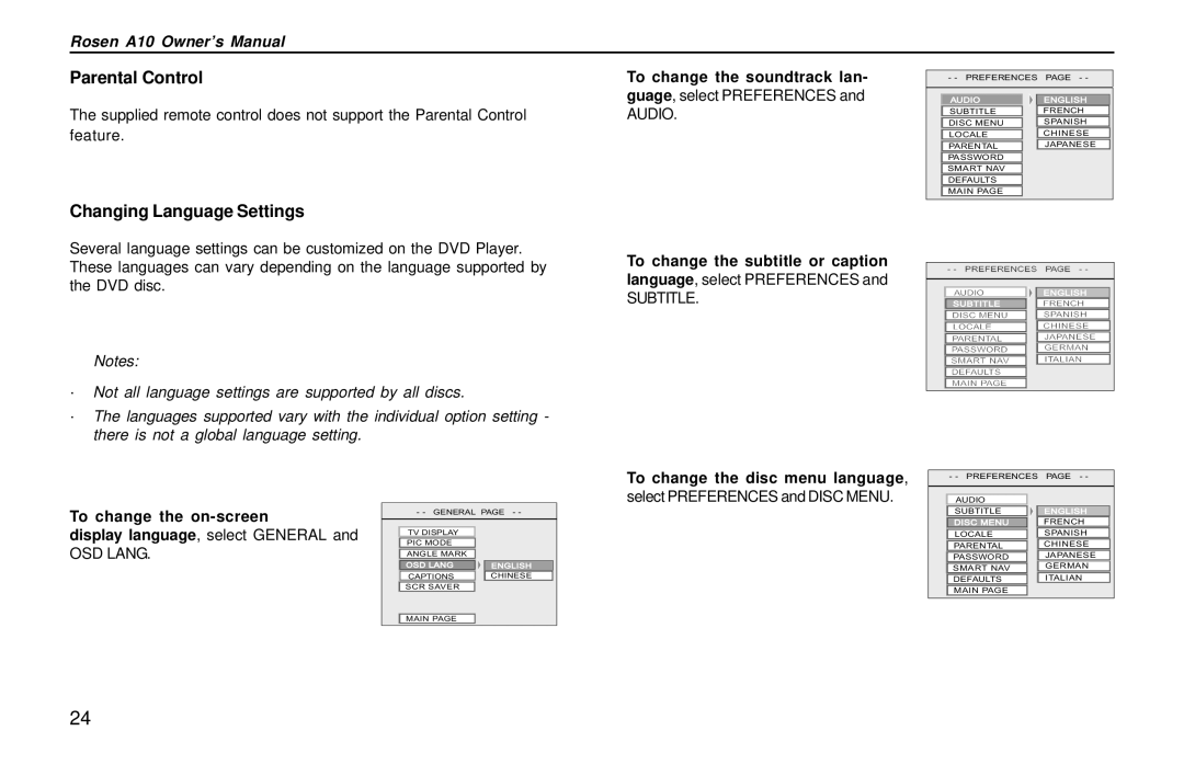 Rosen Entertainment Systems A10 owner manual Parental Control, Changing Language Settings, Guage, select Preferences 