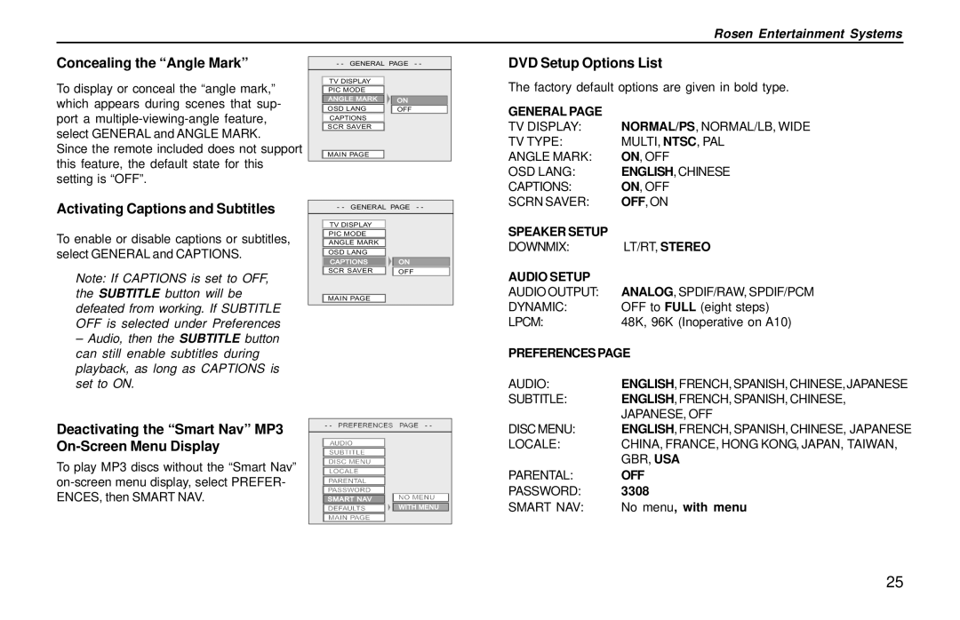 Rosen Entertainment Systems A10 Concealing the Angle Mark, Activating Captions and Subtitles, DVD Setup Options List 