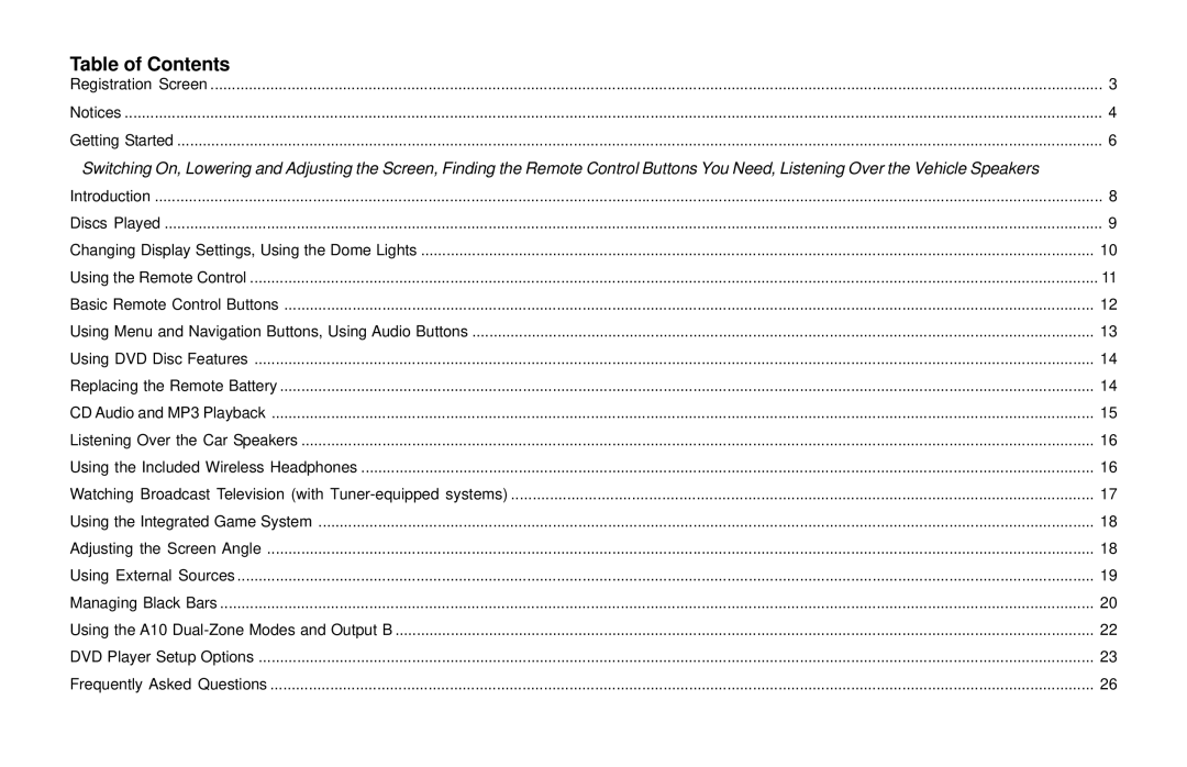 Rosen Entertainment Systems A10 owner manual Table of Contents 