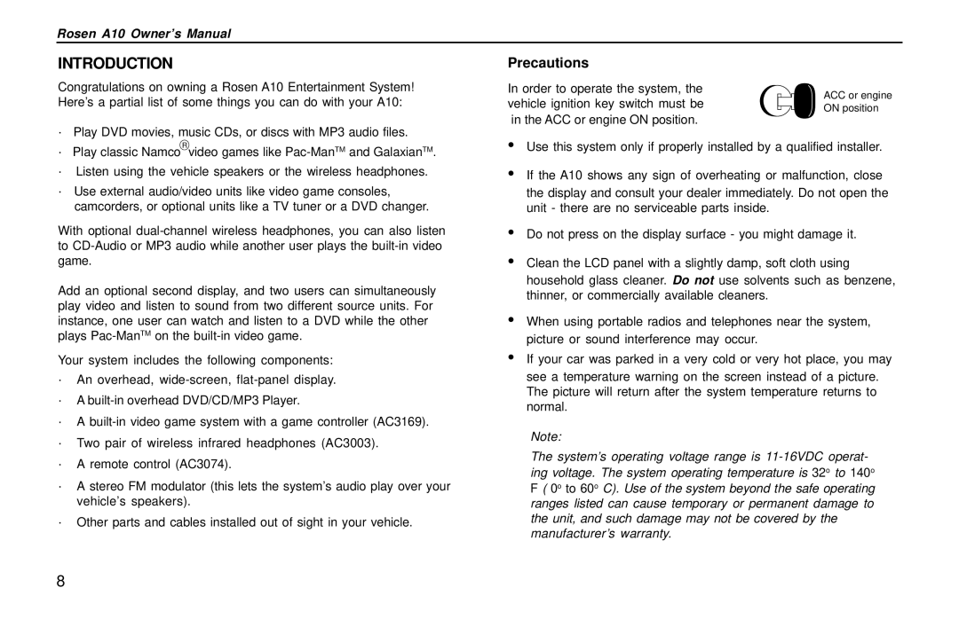 Rosen Entertainment Systems A10 owner manual Introduction, Precautions 