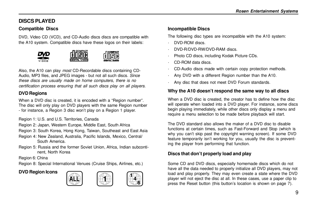 Rosen Entertainment Systems A10 owner manual Discs Played 