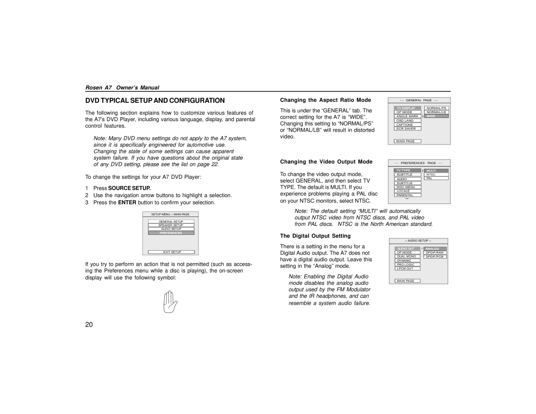 Rosen Entertainment Systems A7 DVD Typical Setup and Configuration, Press Source Setup, Changing the Aspect Ratio Mode 