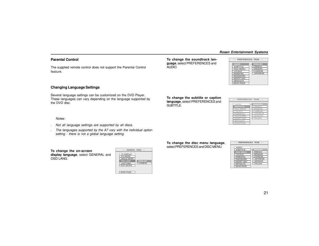 Rosen Entertainment Systems A7 owner manual Parental Control, Changing Language Settings, To change the disc menu language 