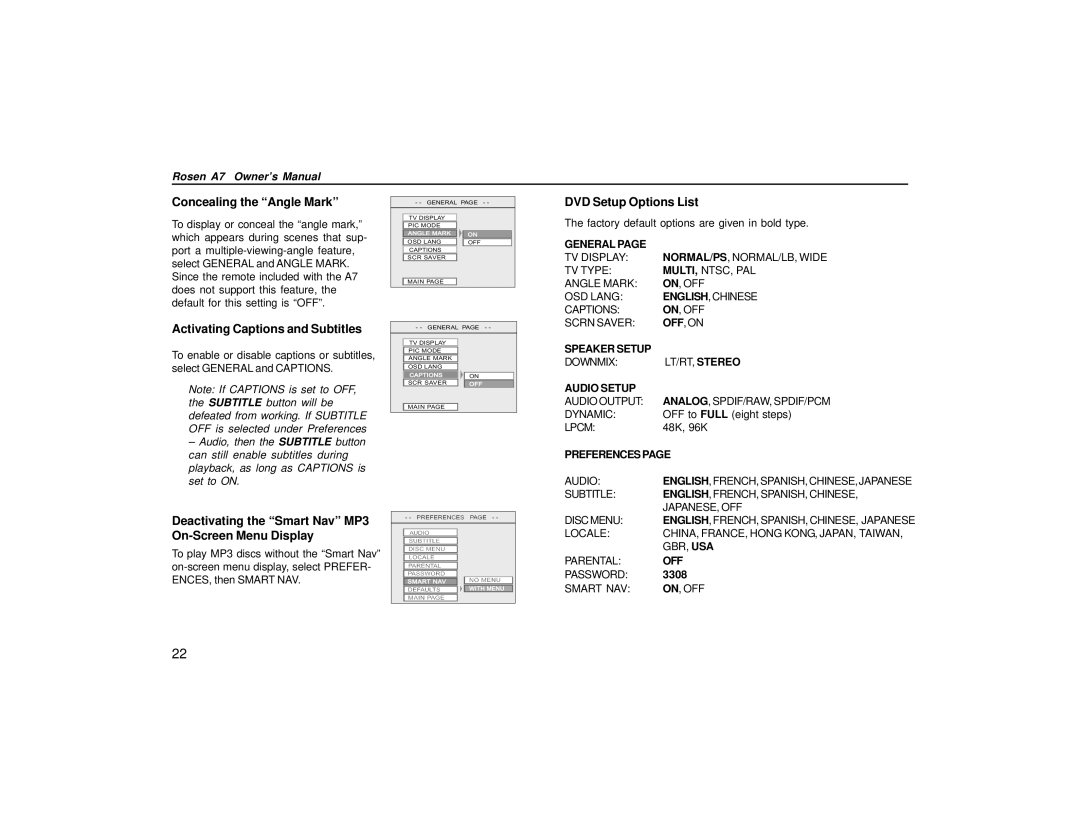 Rosen Entertainment Systems A7 Concealing the Angle Mark, Activating Captions and Subtitles, DVD Setup Options List 