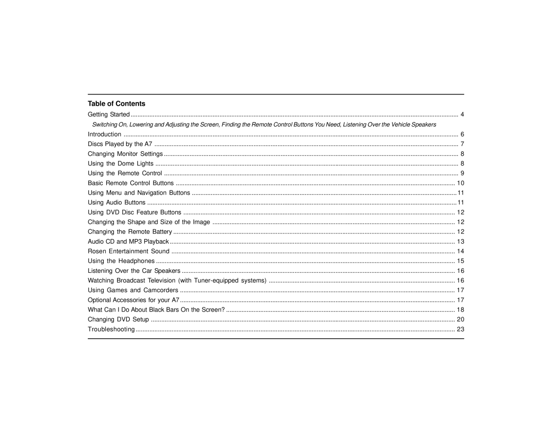 Rosen Entertainment Systems A7 owner manual Table of Contents 