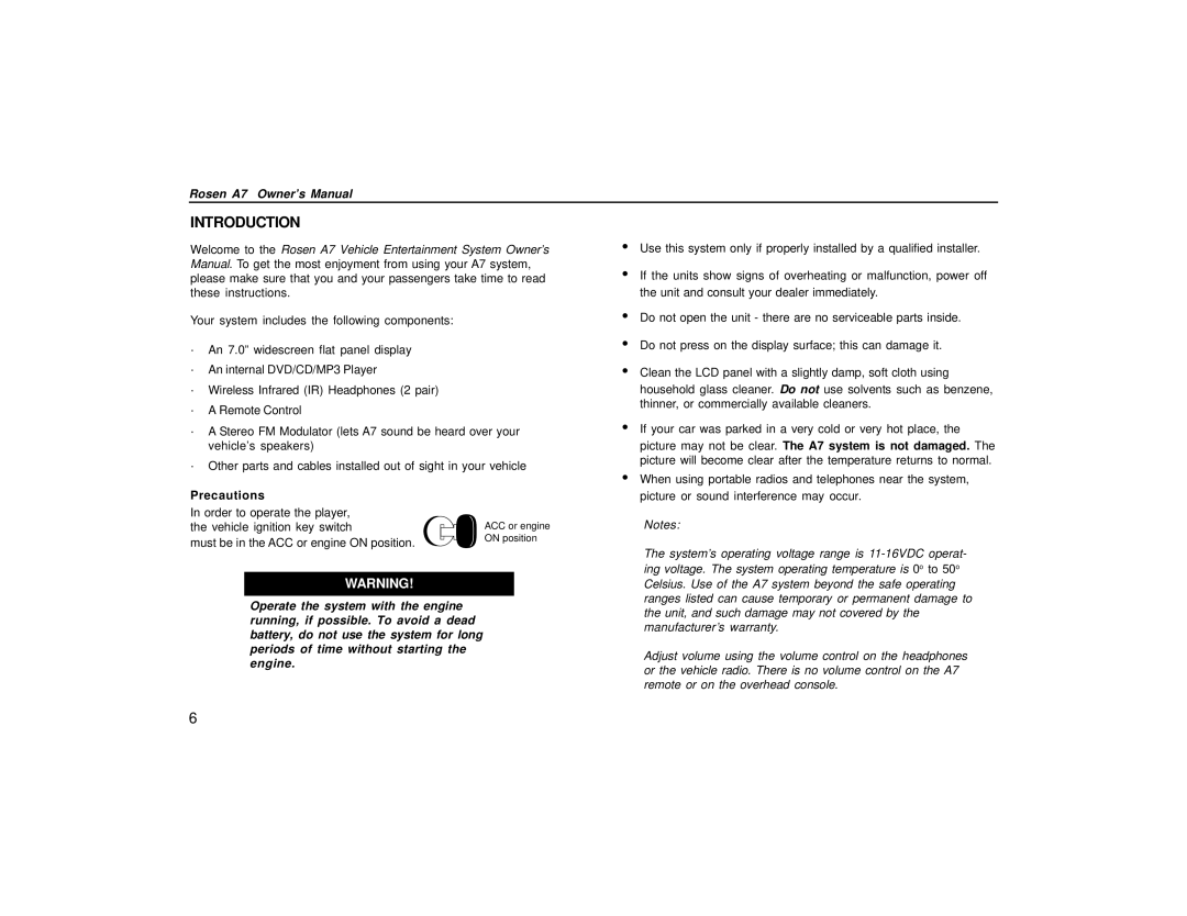 Rosen Entertainment Systems A7 owner manual Introduction, Precautions 