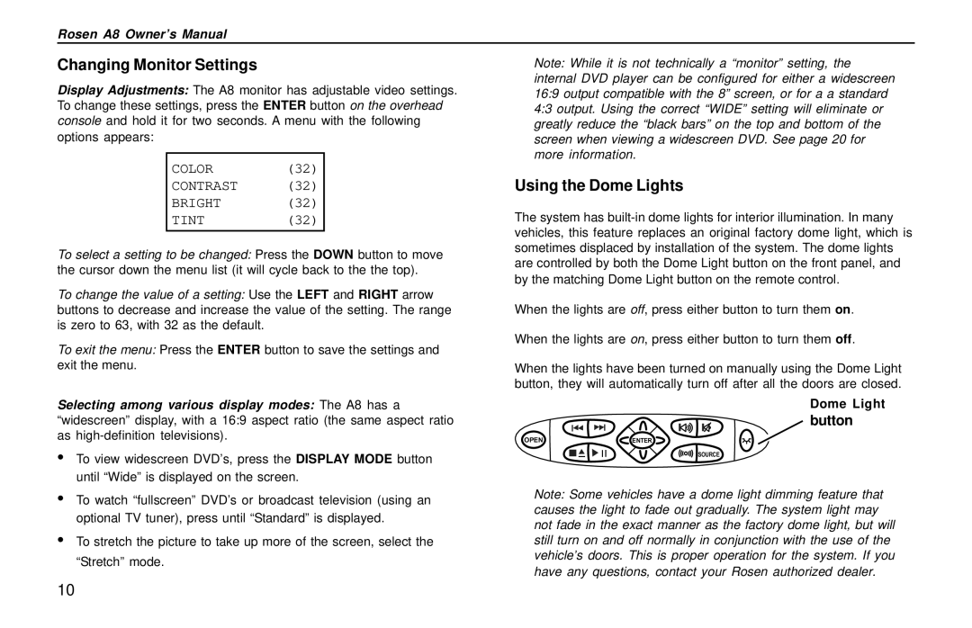 Rosen Entertainment Systems AC3003 owner manual Button, Dome Light 