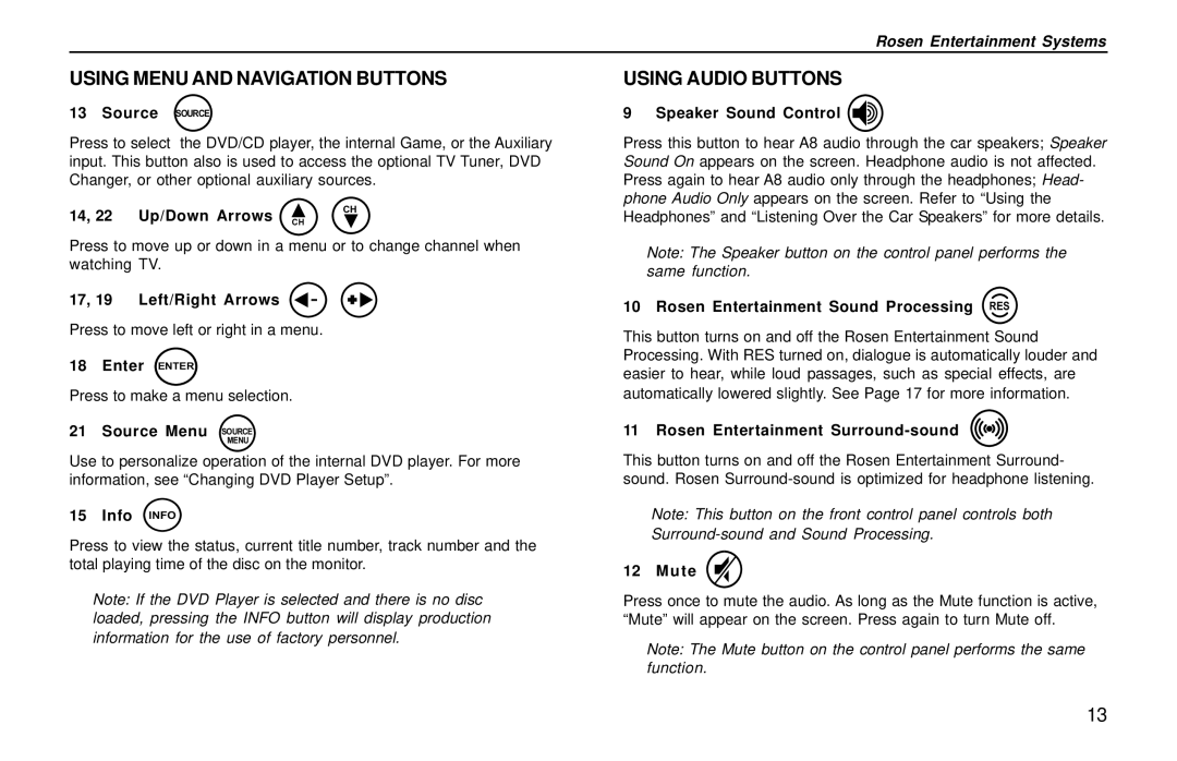 Rosen Entertainment Systems AC3003 owner manual Using Menu and Navigation Buttons, Using Audio Buttons 