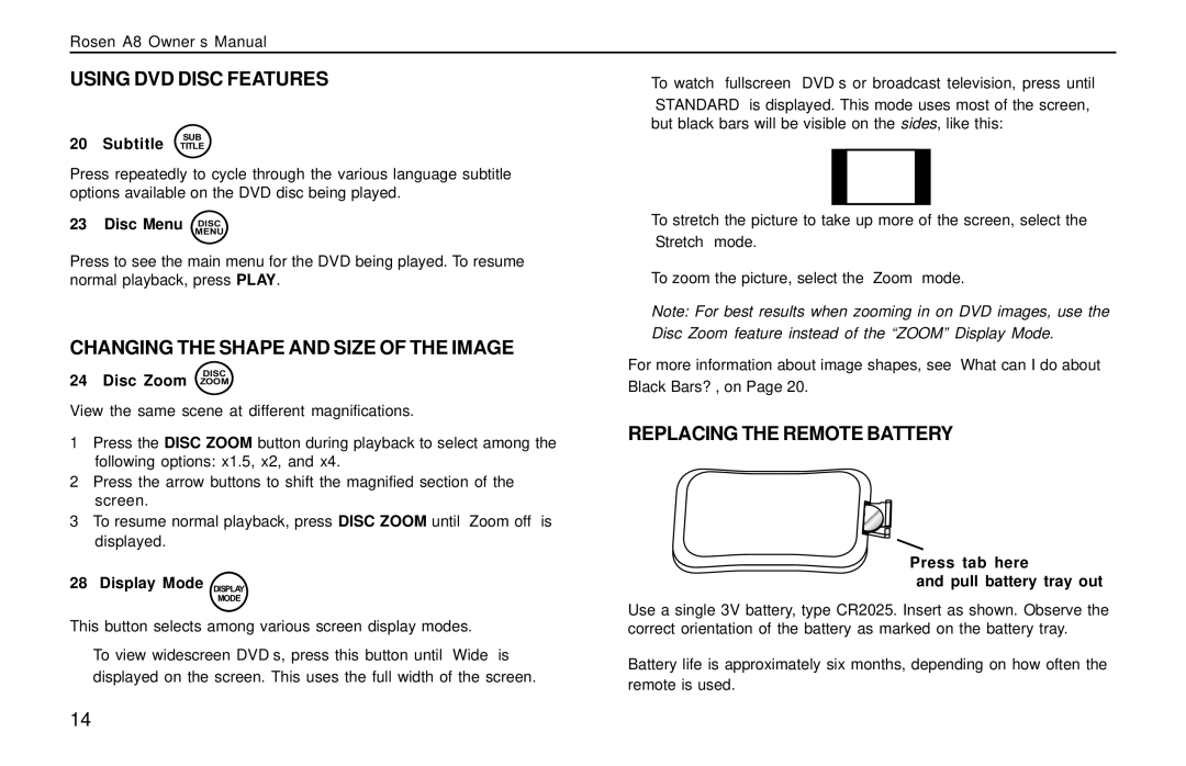 Rosen Entertainment Systems AC3003 owner manual Using DVD Disc Features, Changing the Shape and Size of the Image 