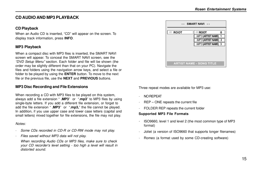 Rosen Entertainment Systems AC3003 CD Audio and MP3 Playback, CD Playback, MP3 Disc Recording and File Extensions 