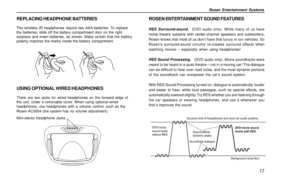 Rosen Entertainment Systems AC3003 owner manual Replacing Headphone Batteries, Using Optional Wired Headphones 