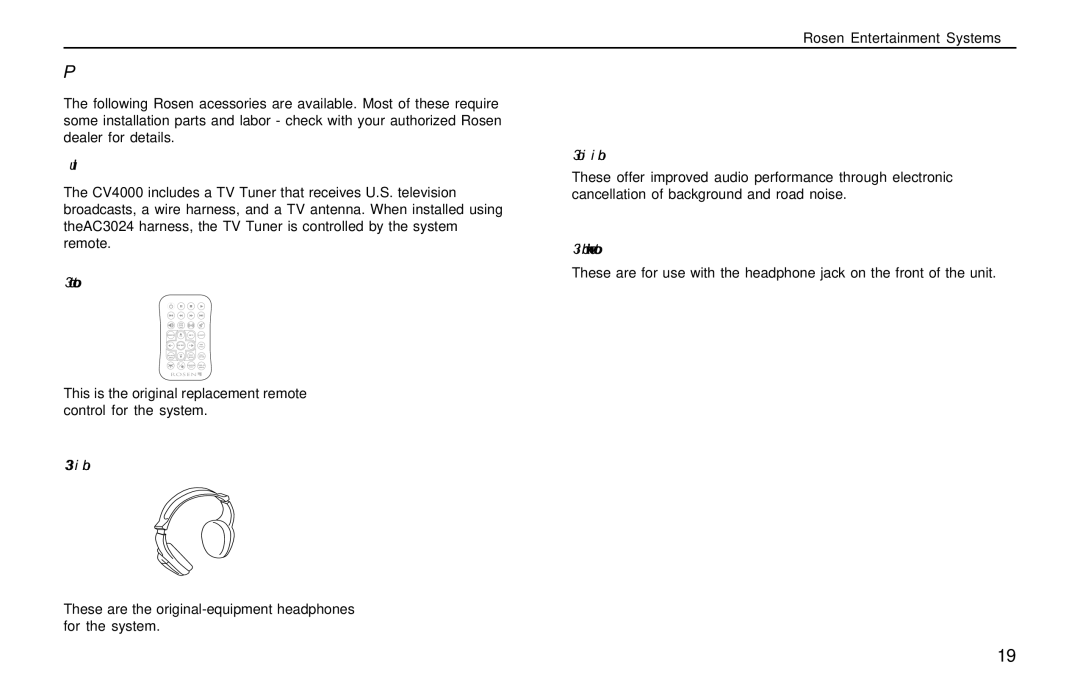 Rosen Entertainment Systems AC3003 owner manual Optional Rosen Accessories 