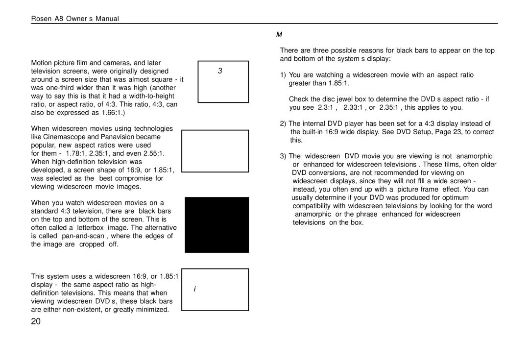 Rosen Entertainment Systems AC3003 owner manual What can I do about Black Bars ?, 661 169 851 Letterbox Widescreen 