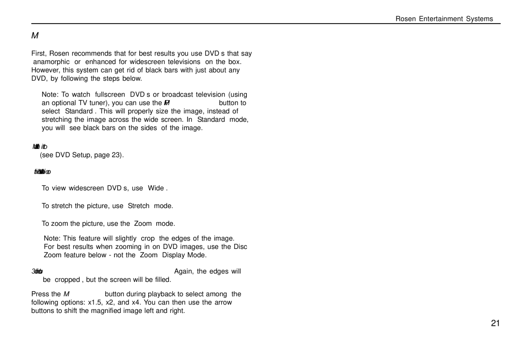 Rosen Entertainment Systems AC3003 owner manual Eliminating Black Bars When Viewing a DVD 