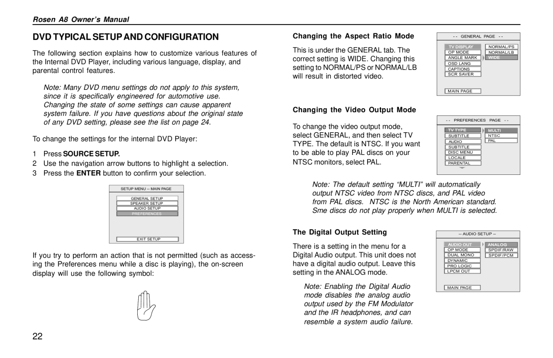 Rosen Entertainment Systems AC3003 DVD Typical Setup and Configuration, Changing the Aspect Ratio Mode, Press Source Setup 