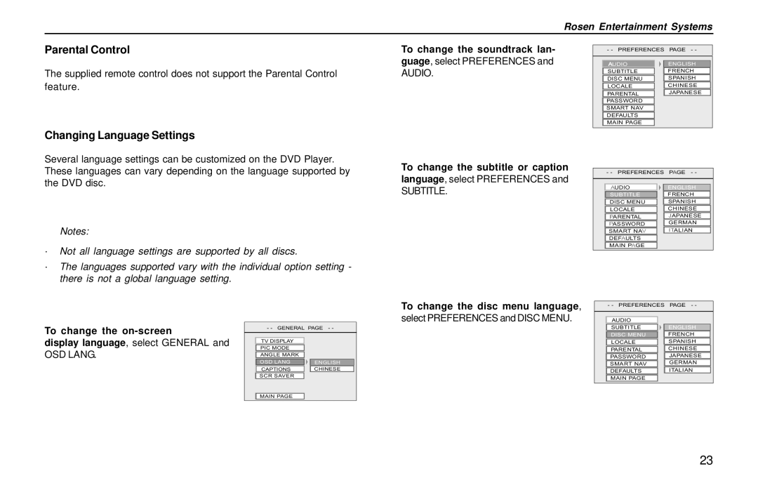 Rosen Entertainment Systems AC3003 Parental Control, Changing Language Settings, To change the disc menu language 