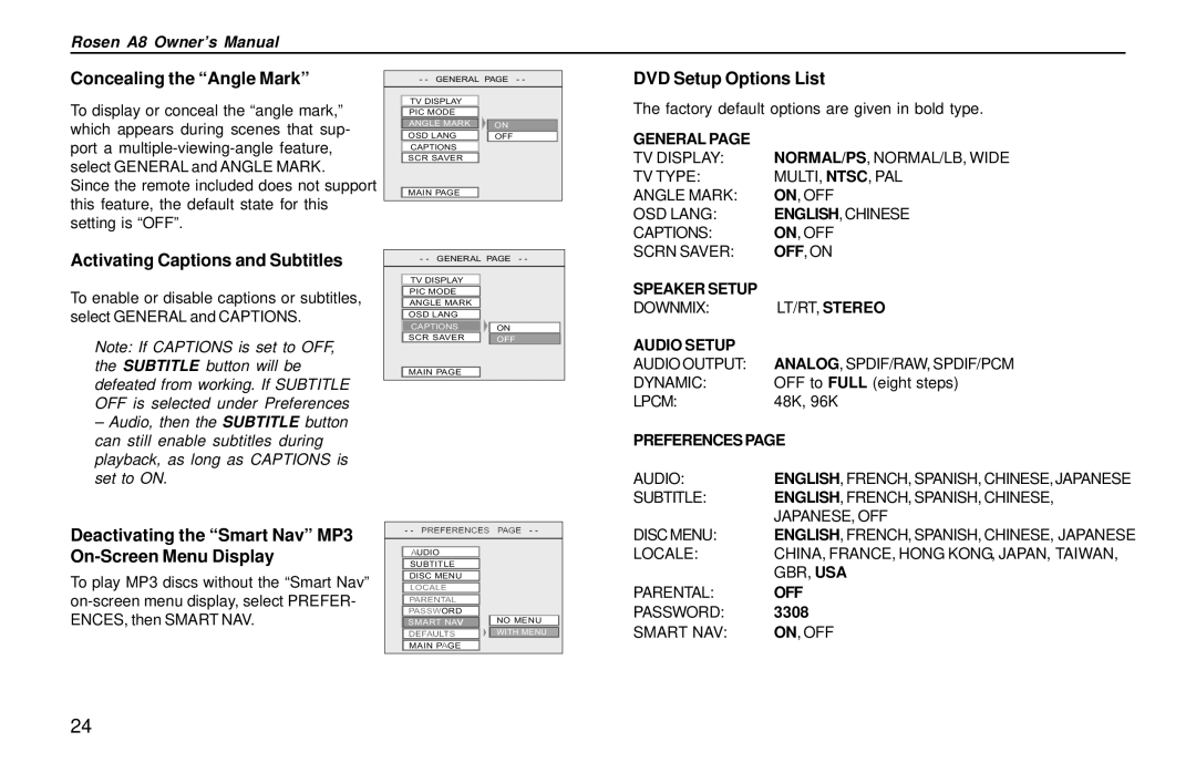 Rosen Entertainment Systems AC3003 Concealing the Angle Mark, Activating Captions and Subtitles, DVD Setup Options List 