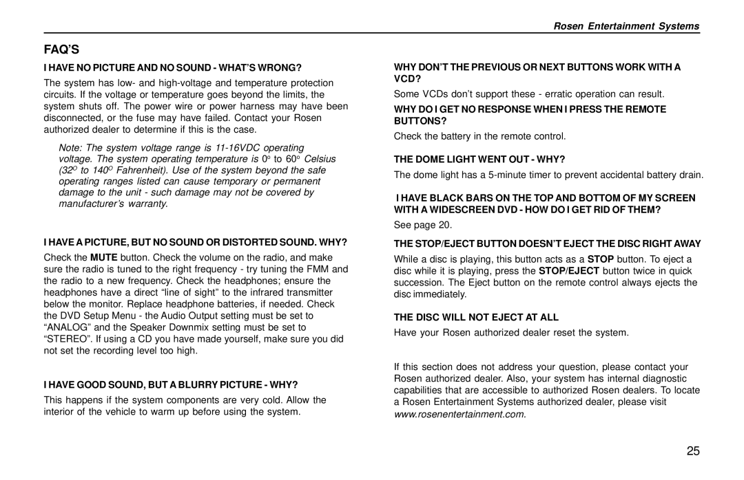 Rosen Entertainment Systems AC3003 owner manual Faq’S, Have no Picture and no Sound WHAT’S WRONG? 