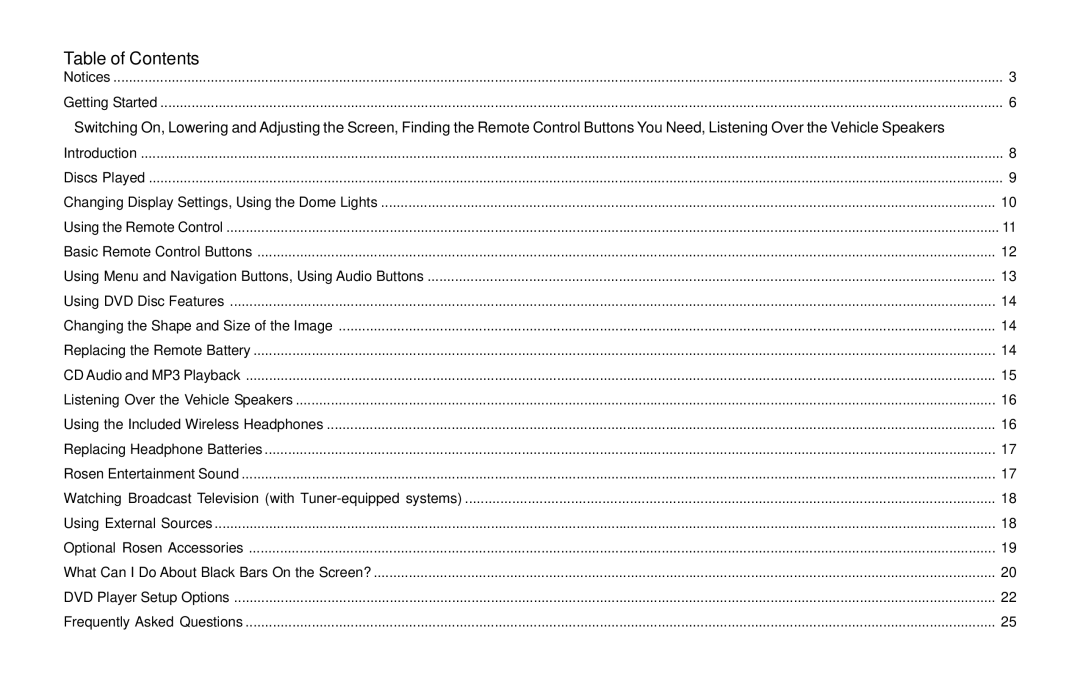 Rosen Entertainment Systems AC3003 owner manual Table of Contents 