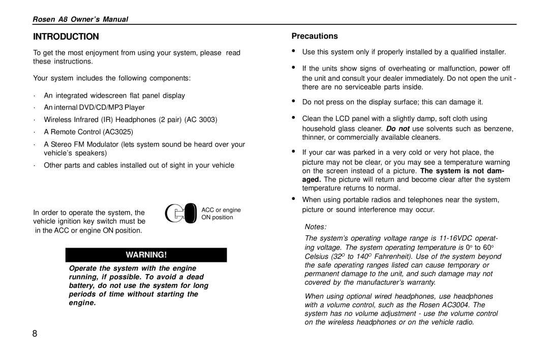 Rosen Entertainment Systems AC3003 owner manual Introduction, Precautions 