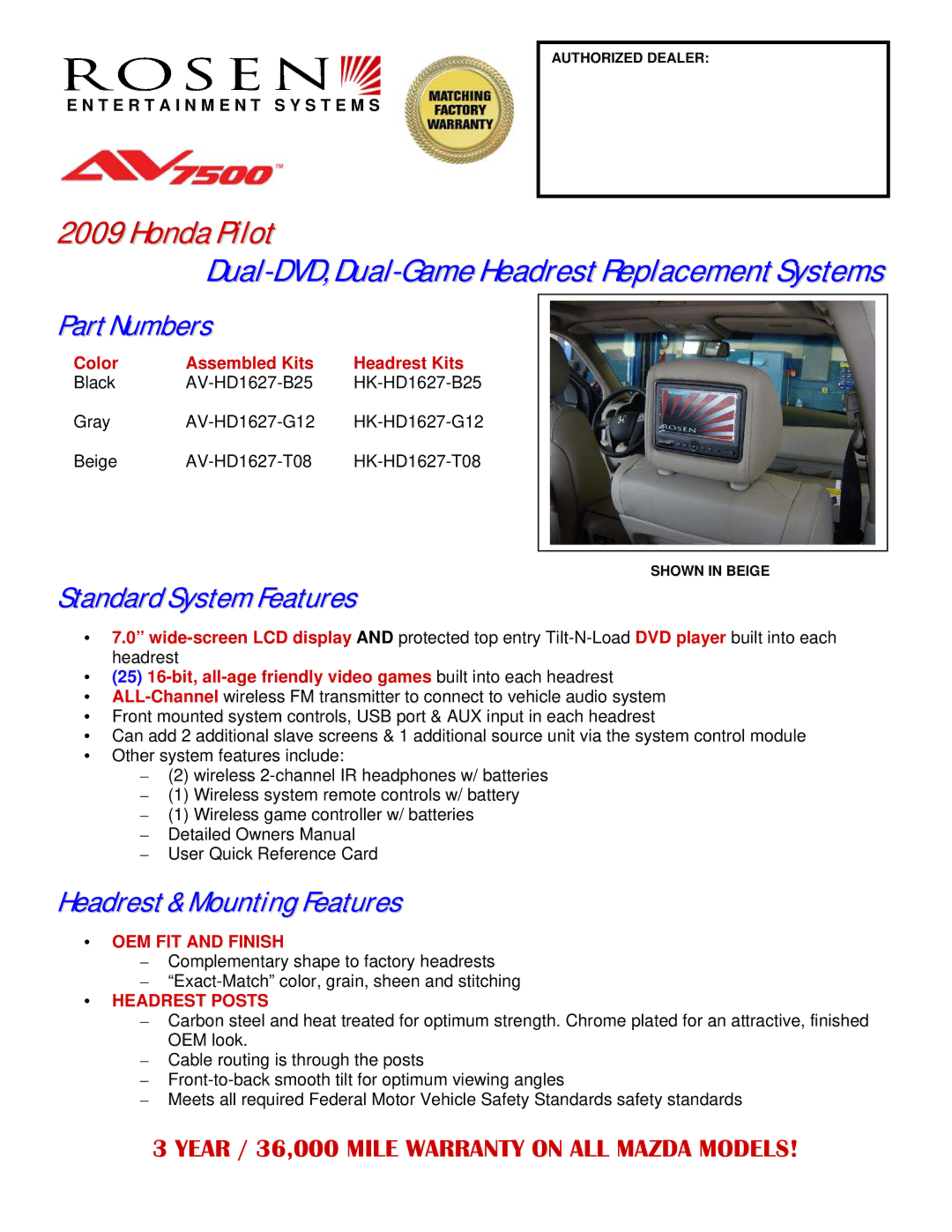 Rosen Entertainment Systems AV-HD1627-B25 owner manual Honda Pilot, Dual-DVD,Dual-Game Headrest ReplacementSystems 