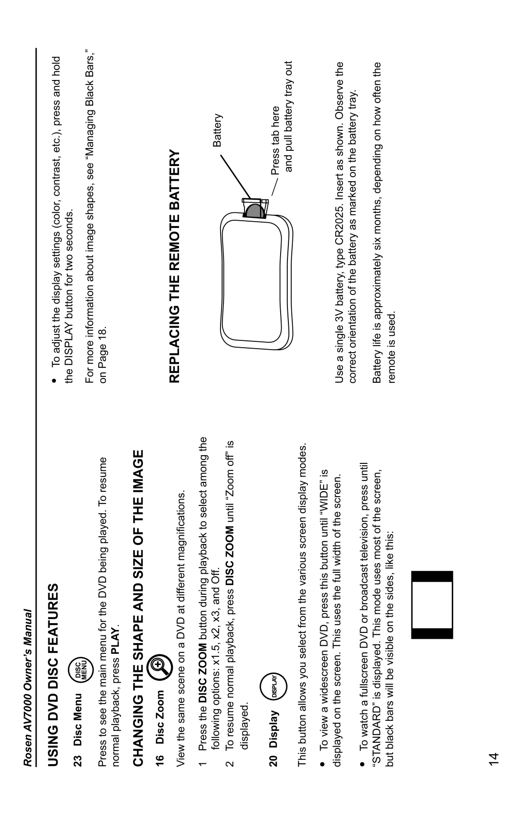 Rosen Entertainment Systems AV7000 owner manual Using DVD Disc Features, Changing the Shape and Size of the Image 