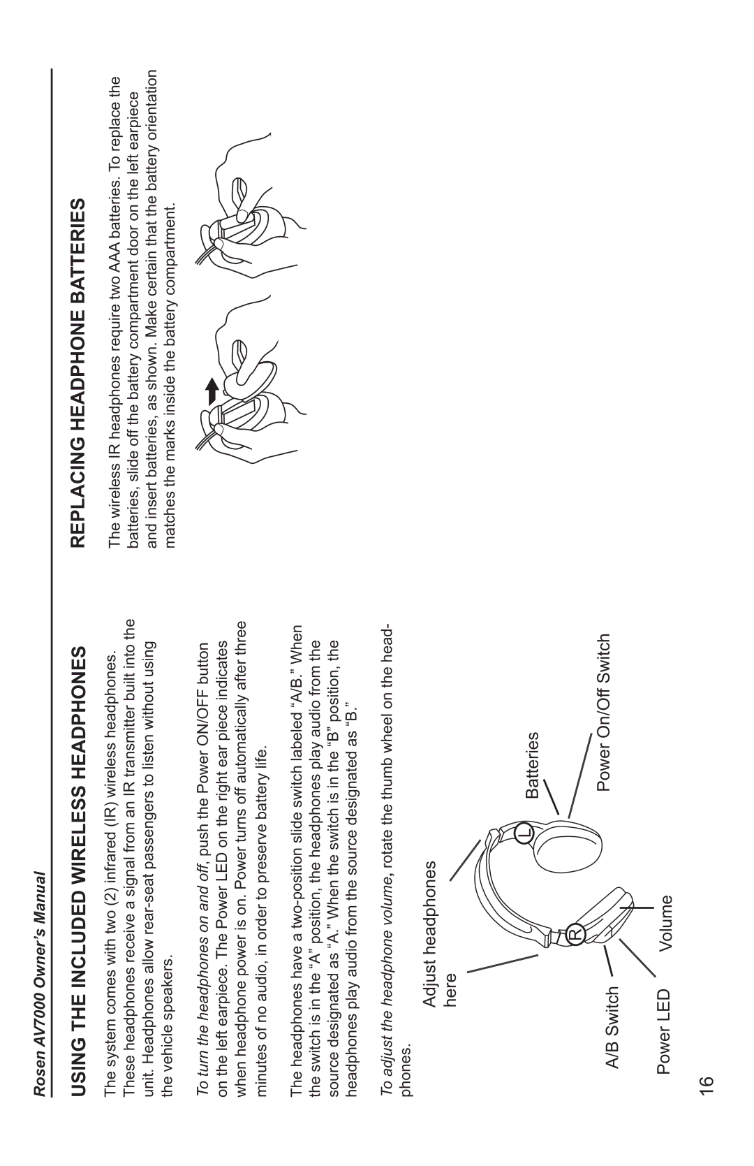 Rosen Entertainment Systems AV7000 owner manual Using the Included Wireless Headphones, Replacing Headphone Batteries 