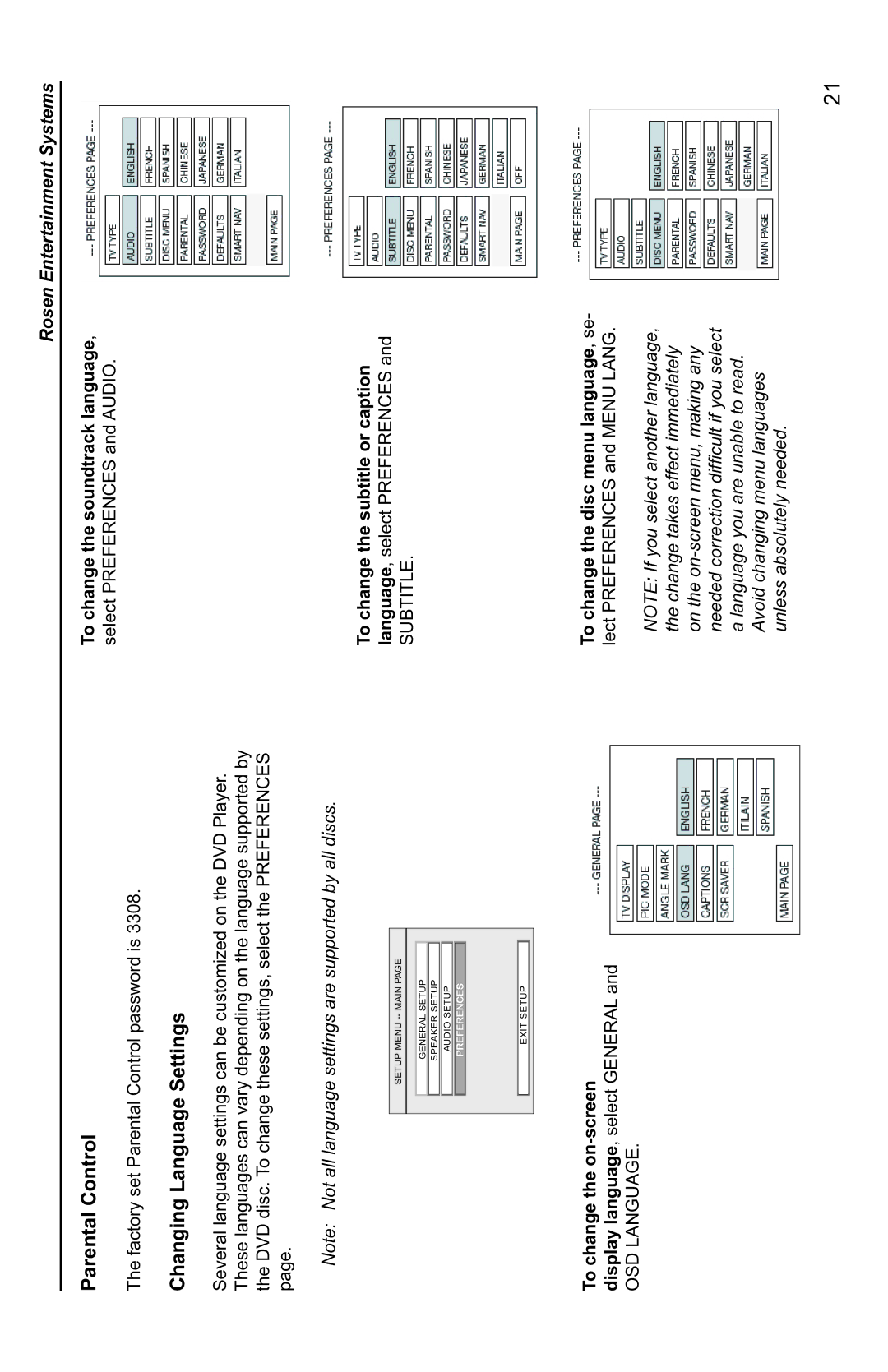 Rosen Entertainment Systems AV7000 owner manual Parental Control, Changing Language Settings, To change the on-screen 