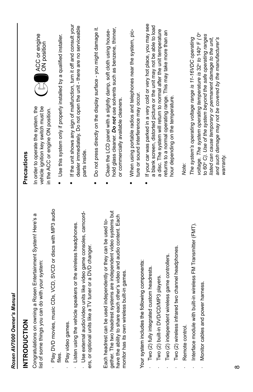 Rosen Entertainment Systems AV7000 owner manual Introduction, Precautions 