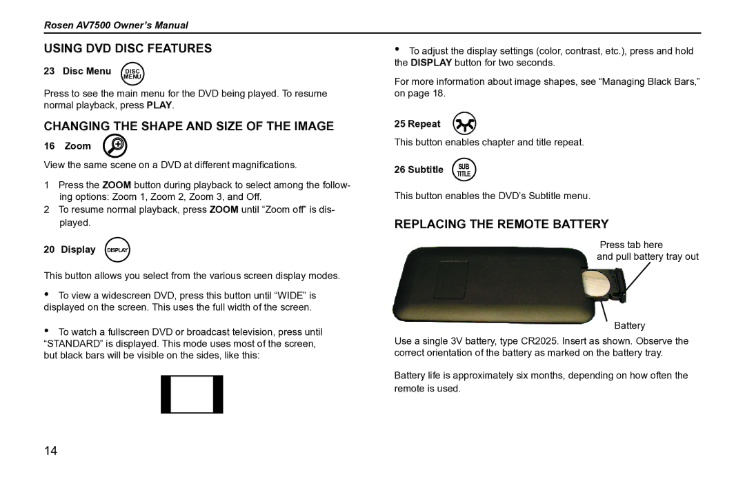 Rosen Entertainment Systems AV7500 owner manual Using DVD Disc Features, Changing the Shape and Size of the Image 