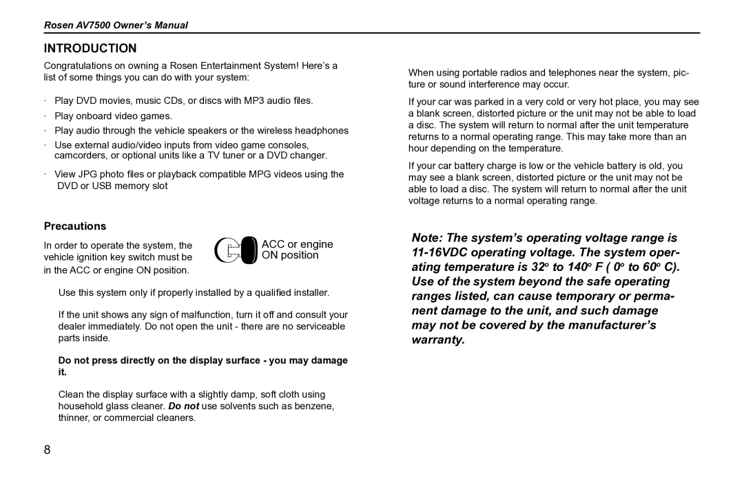 Rosen Entertainment Systems AV7500 owner manual Introduction, Precautions 