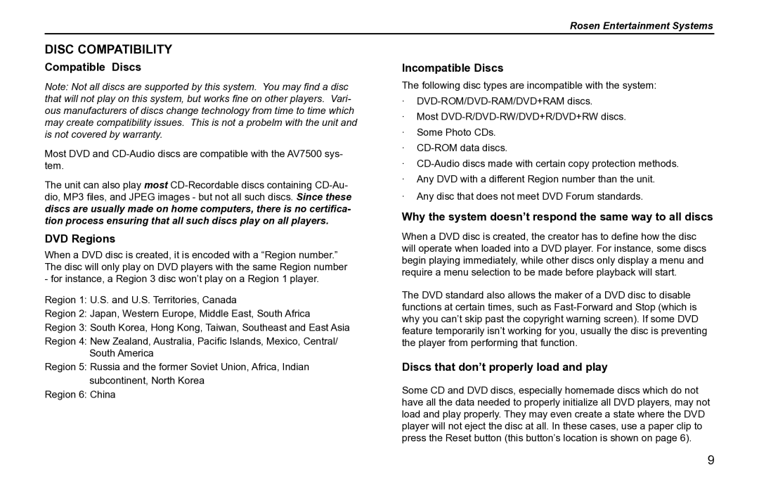 Rosen Entertainment Systems AV7500 owner manual Disc Compatibility 