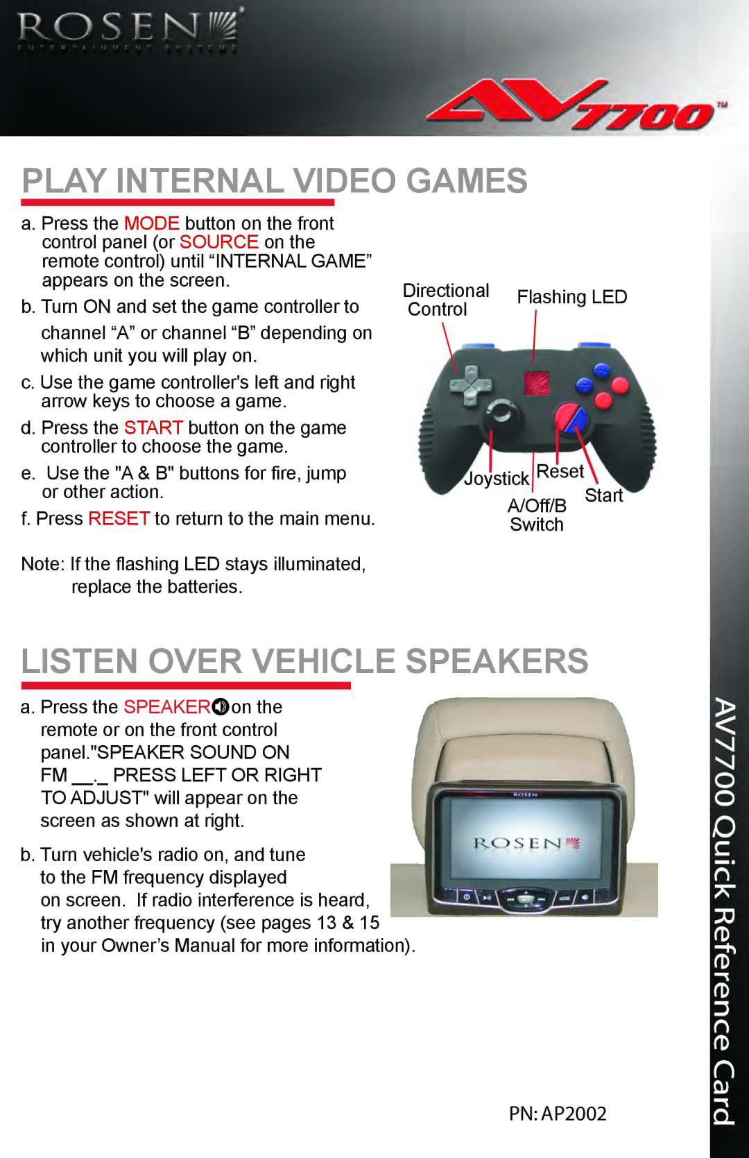 Rosen Entertainment Systems AV7700 manual Play Internal Video Games, Listen Over Vehicle Speakers 