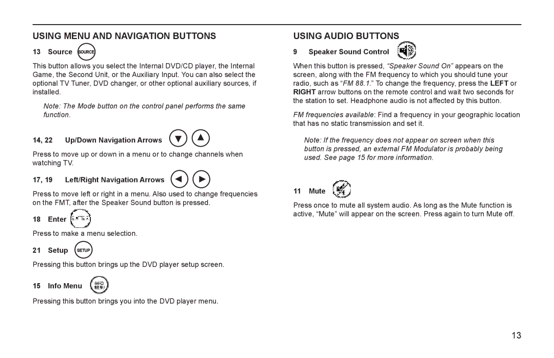 Rosen Entertainment Systems AV7800 manual Using Menu and Navigation Buttons, Using Audio Buttons 