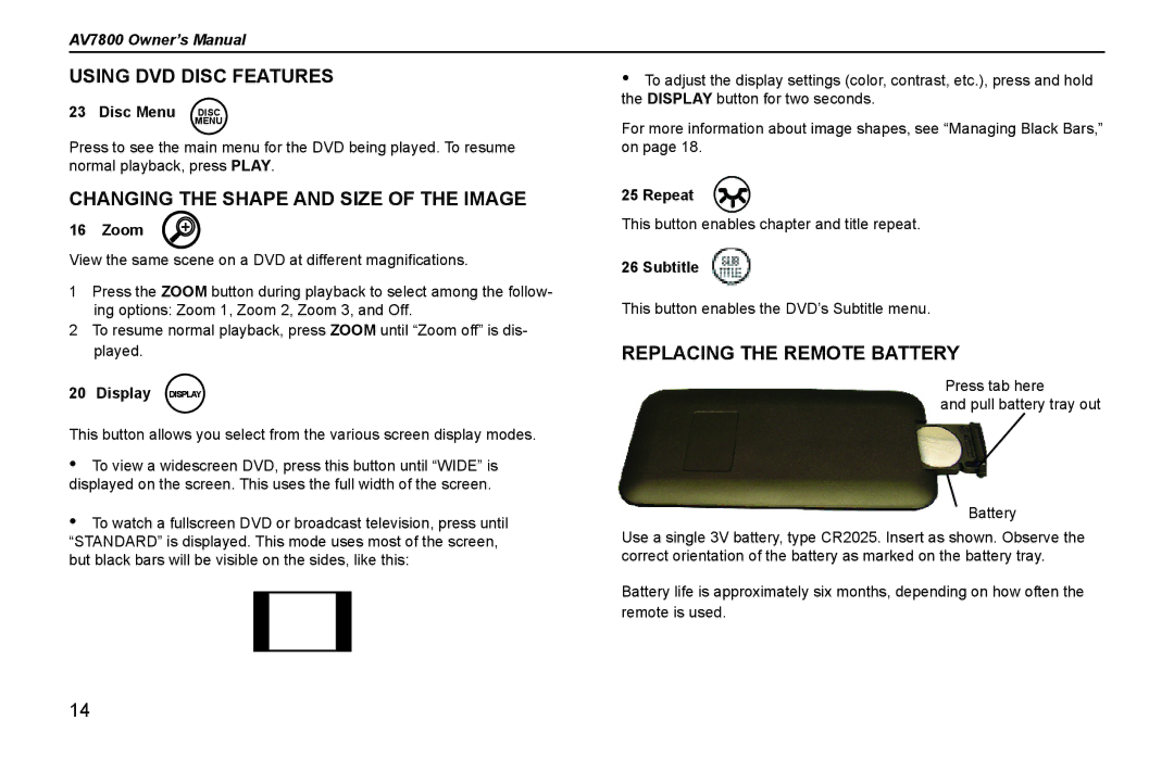 Rosen Entertainment Systems AV7800 manual Using DVD Disc Features, Changing the Shape and Size of the Image 