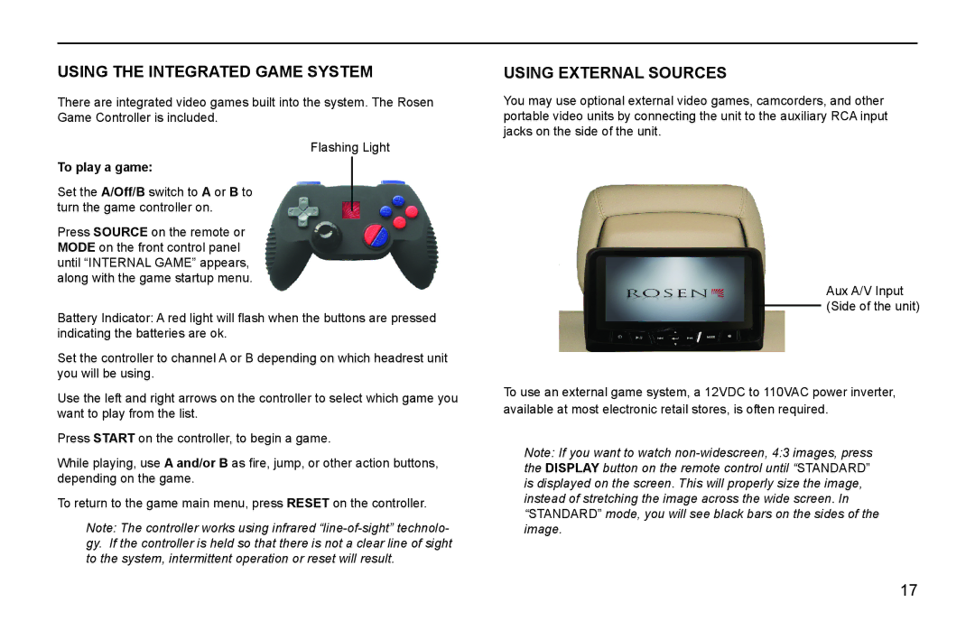 Rosen Entertainment Systems AV7800 manual Using the Integrated Game System, Using External Sources, To play a game 