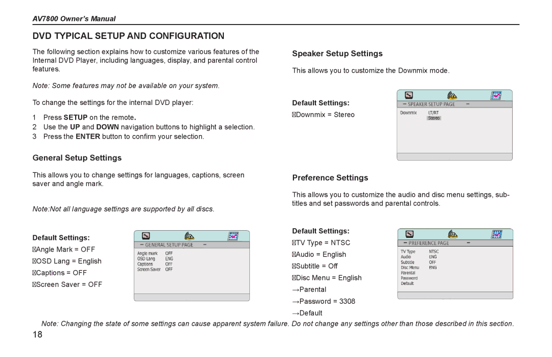 Rosen Entertainment Systems AV7800 DVD Typical Setup and Configuration, General Setup Settings, Speaker Setup Settings 