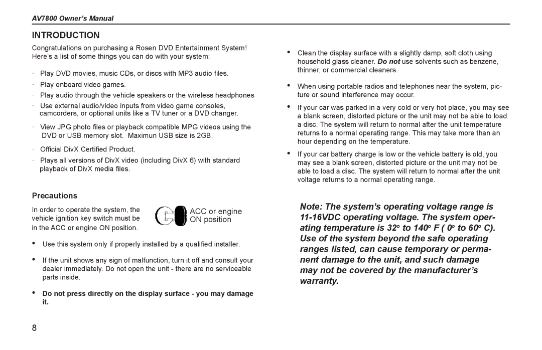 Rosen Entertainment Systems AV7800 manual Introduction, Precautions 