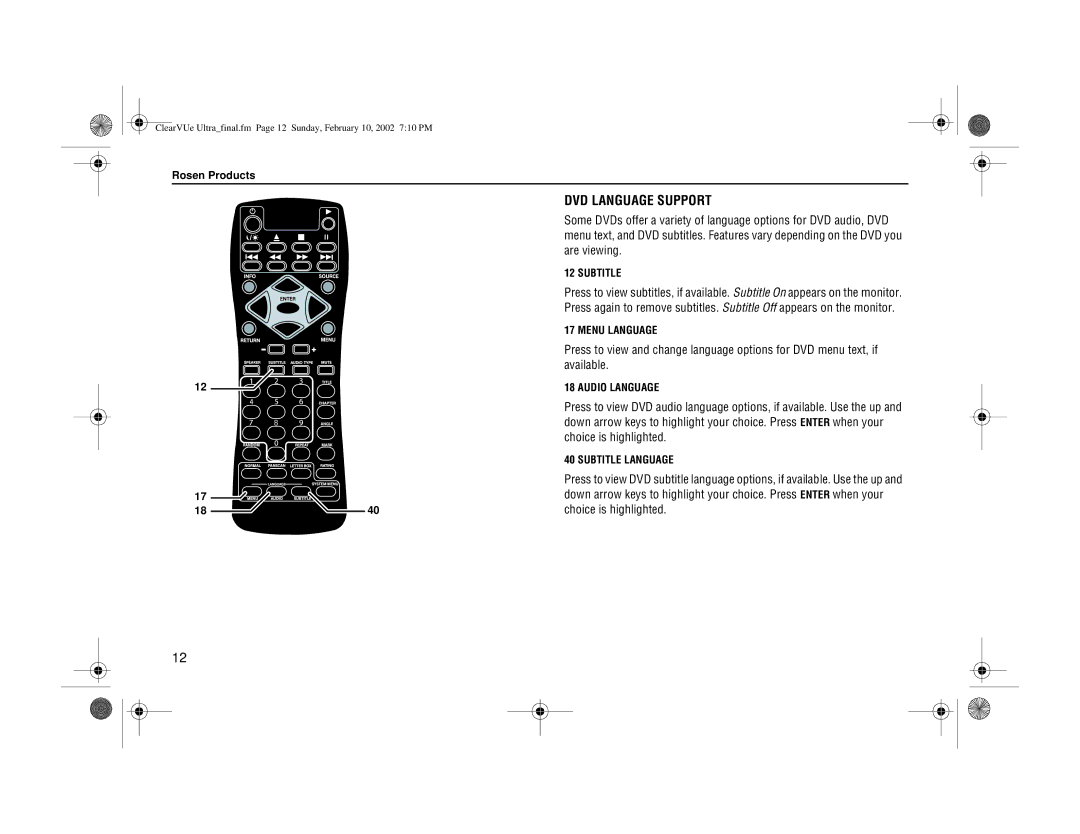 Rosen Entertainment Systems ClearVue Ultra owner manual DVD Language Support, Subtitle, Menu Language, Audio Language 