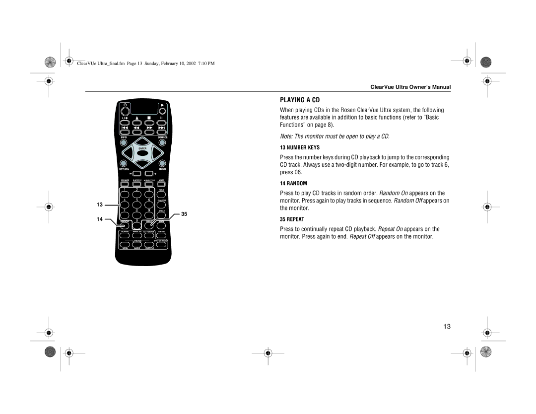 Rosen Entertainment Systems ClearVue Ultra owner manual Playing a CD, Functions on, Press, Random, Repeat 