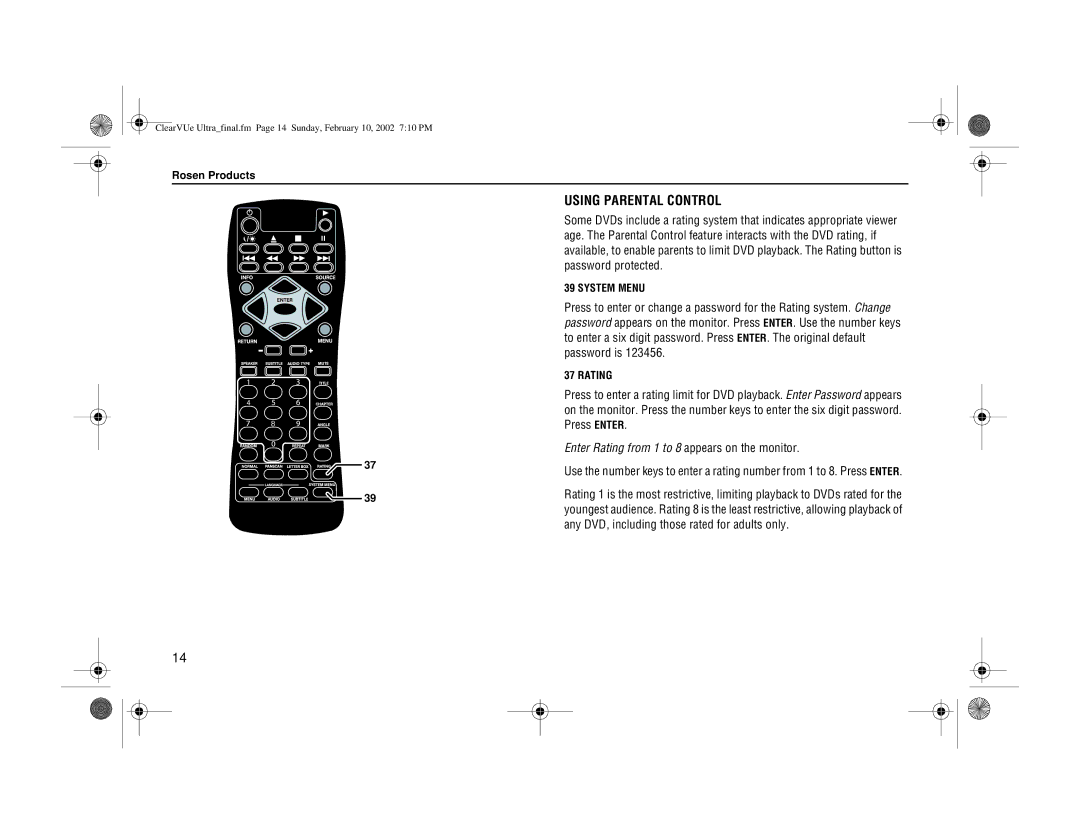 Rosen Entertainment Systems ClearVue Ultra owner manual Using Parental Control, System Menu, Rating 