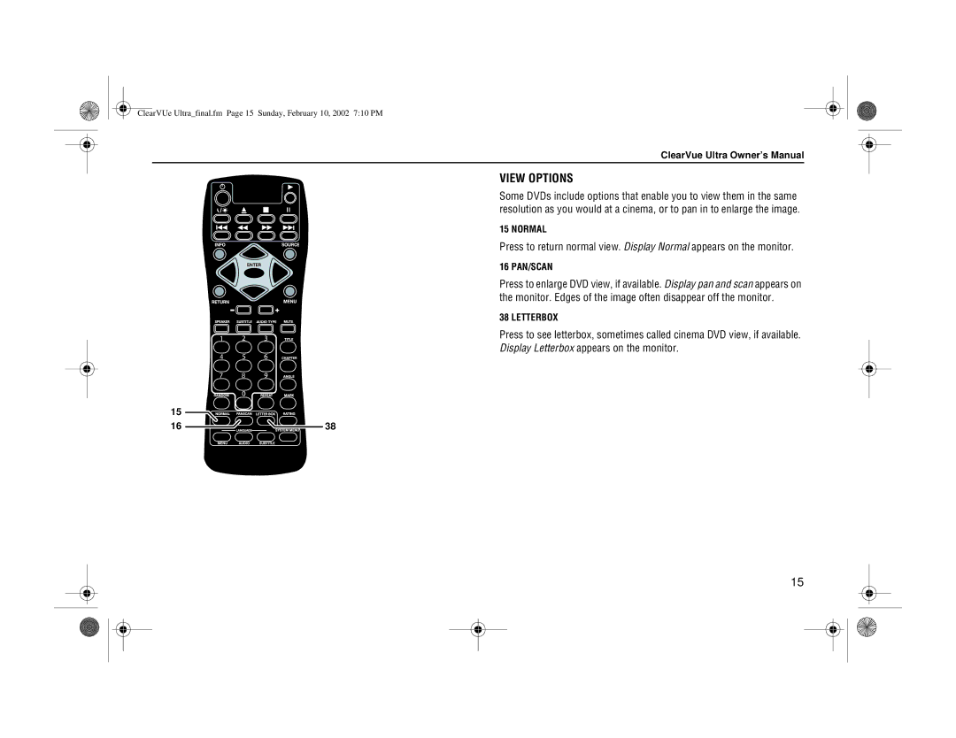 Rosen Entertainment Systems ClearVue Ultra owner manual View Options, Normal, 16 PAN/SCAN 