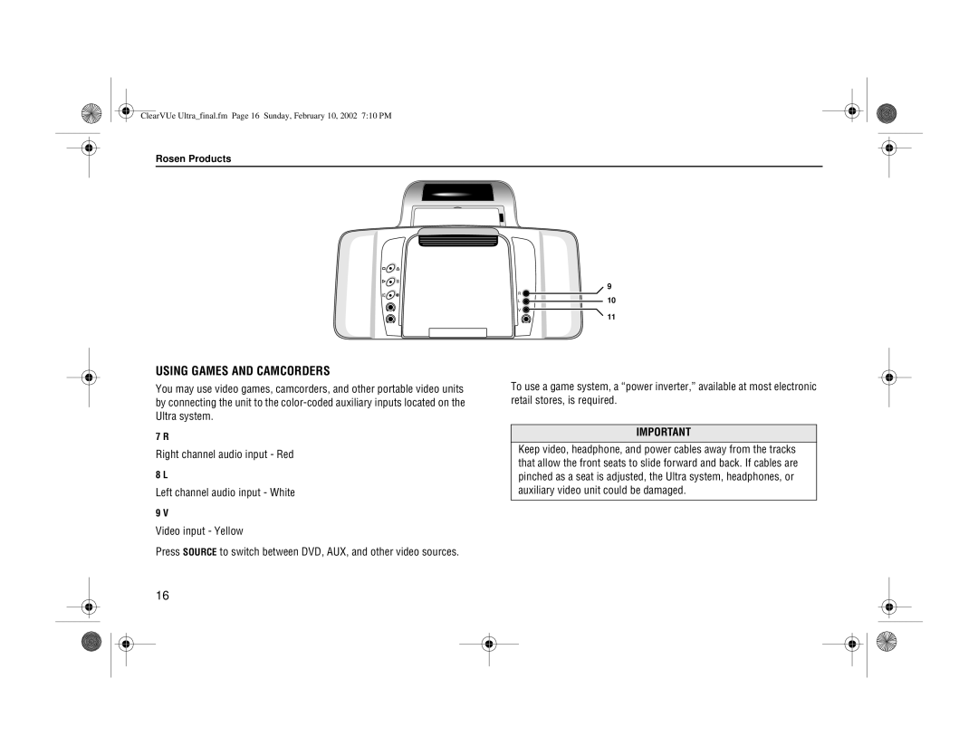 Rosen Entertainment Systems ClearVue Ultra owner manual Using Games and Camcorders 