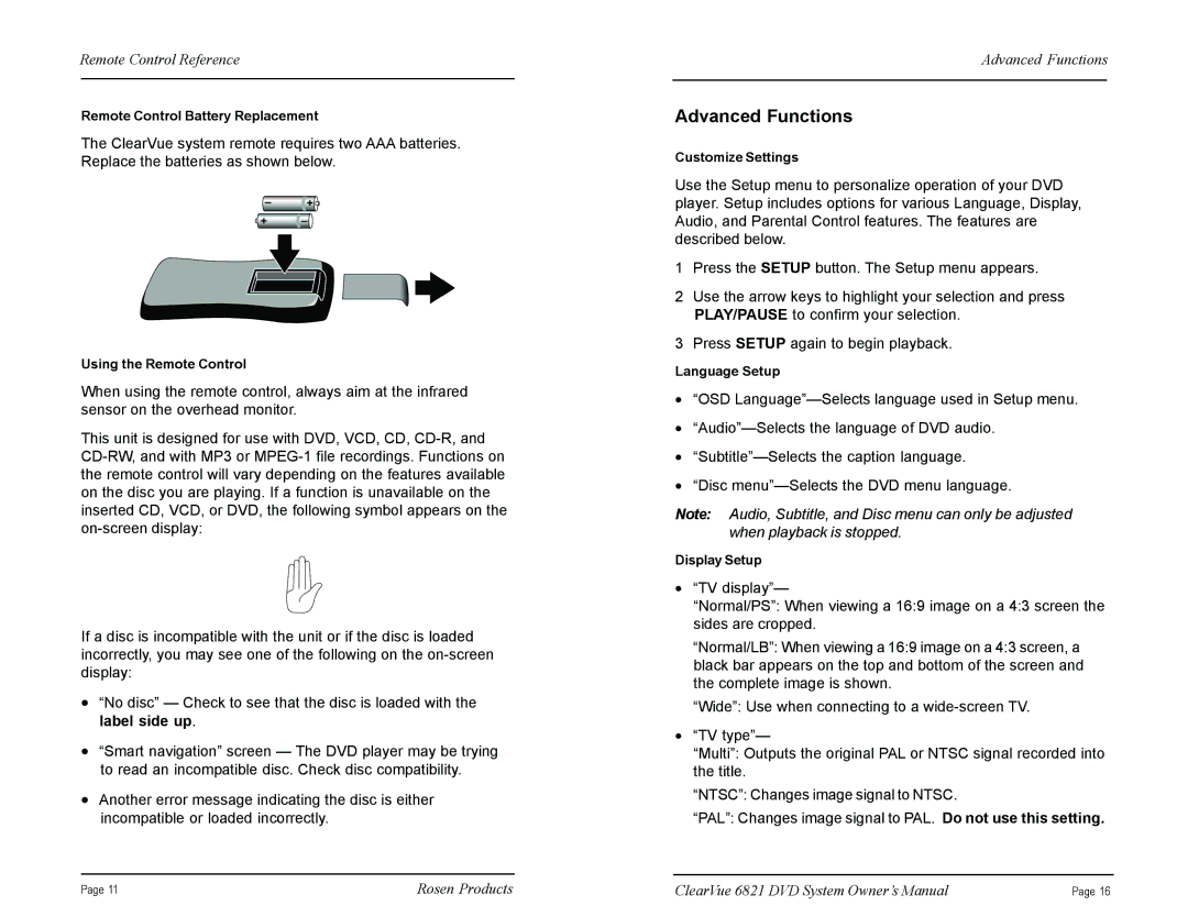 Rosen Entertainment Systems CV6821 manual Advanced Functions 