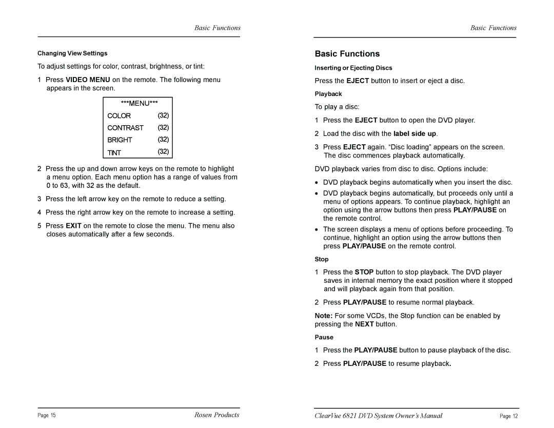 Rosen Entertainment Systems CV6821 manual Basic Functions, Color 32 Contrast Bright 