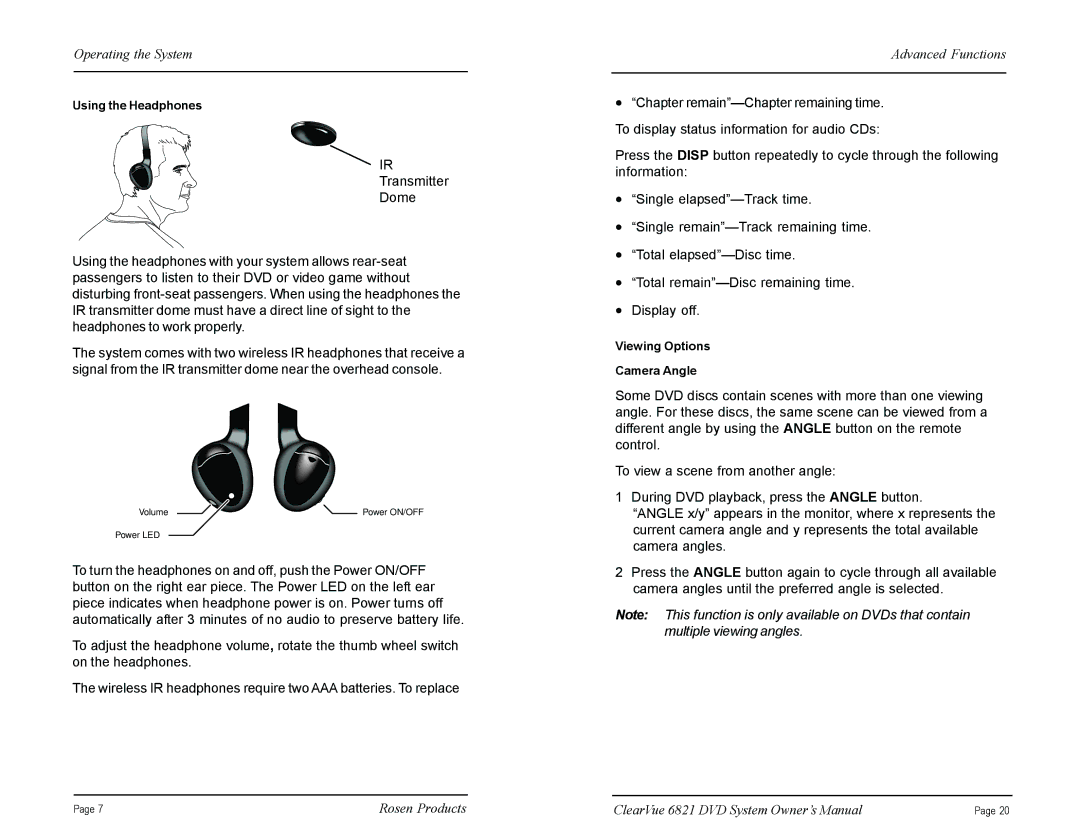 Rosen Entertainment Systems CV6821 manual Using the Headphones 