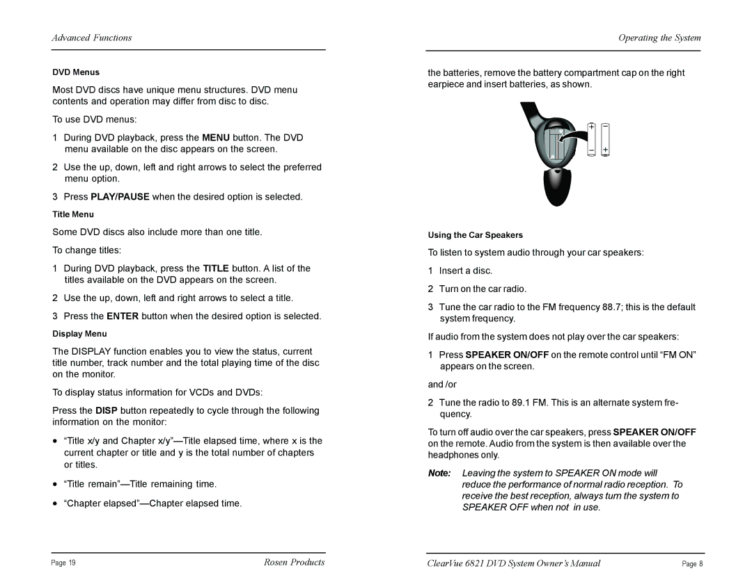 Rosen Entertainment Systems CV6821 manual DVD Menus 