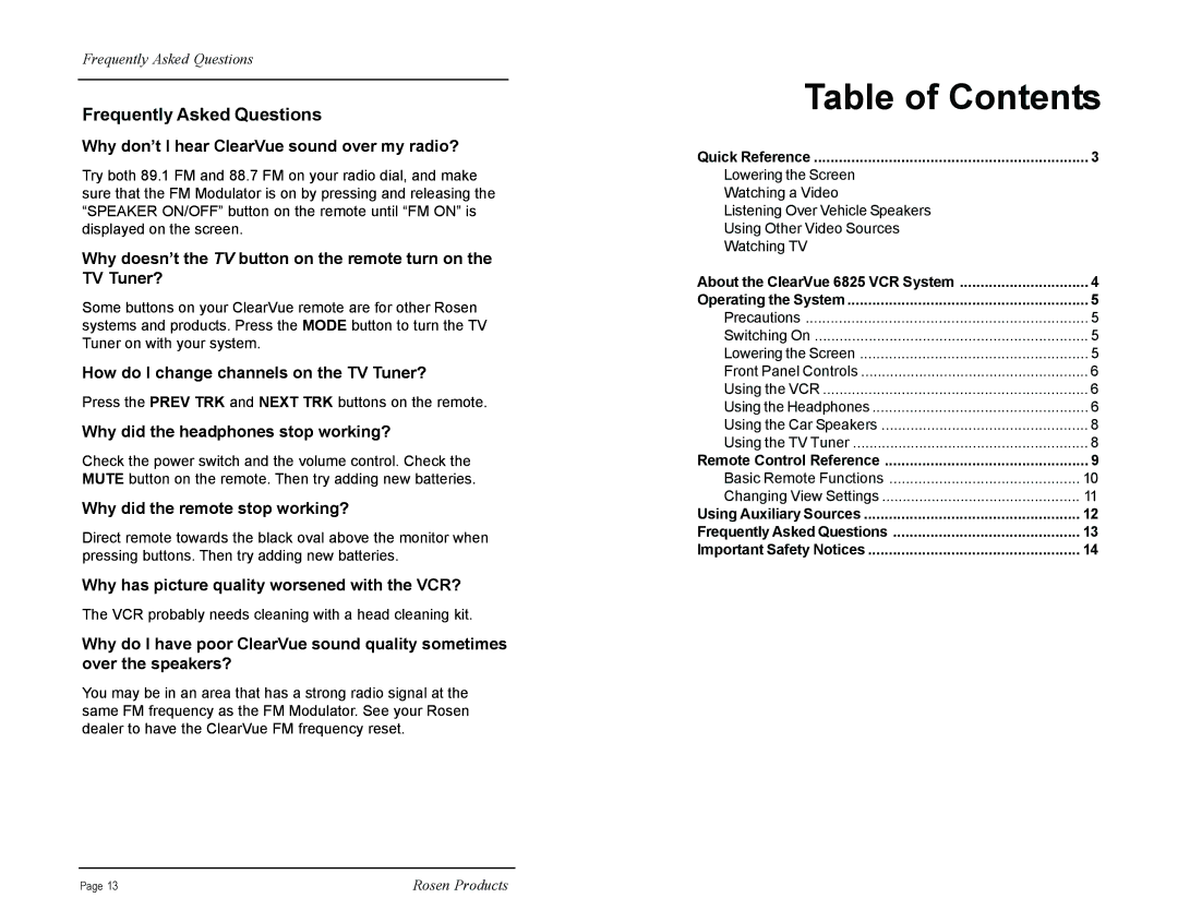 Rosen Entertainment Systems CV6825 manual Table of Contents 