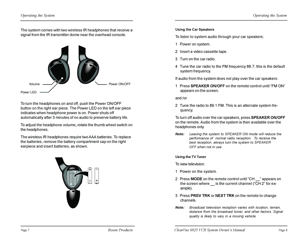 Rosen Entertainment Systems CV6825 manual Using the Car Speakers 